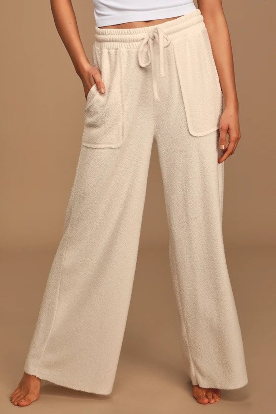 Lulus Women's Choosing Chill Fleece Knit Drawstring Wide Leg Pants White Size M